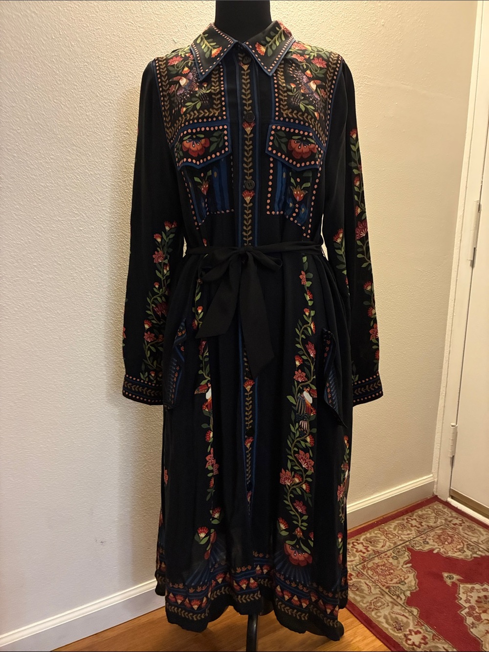 FARM Rio NWT Large Toucan Garden Black Button Front Midi Dress w/Tie & Pockets - Picture 3 of 16